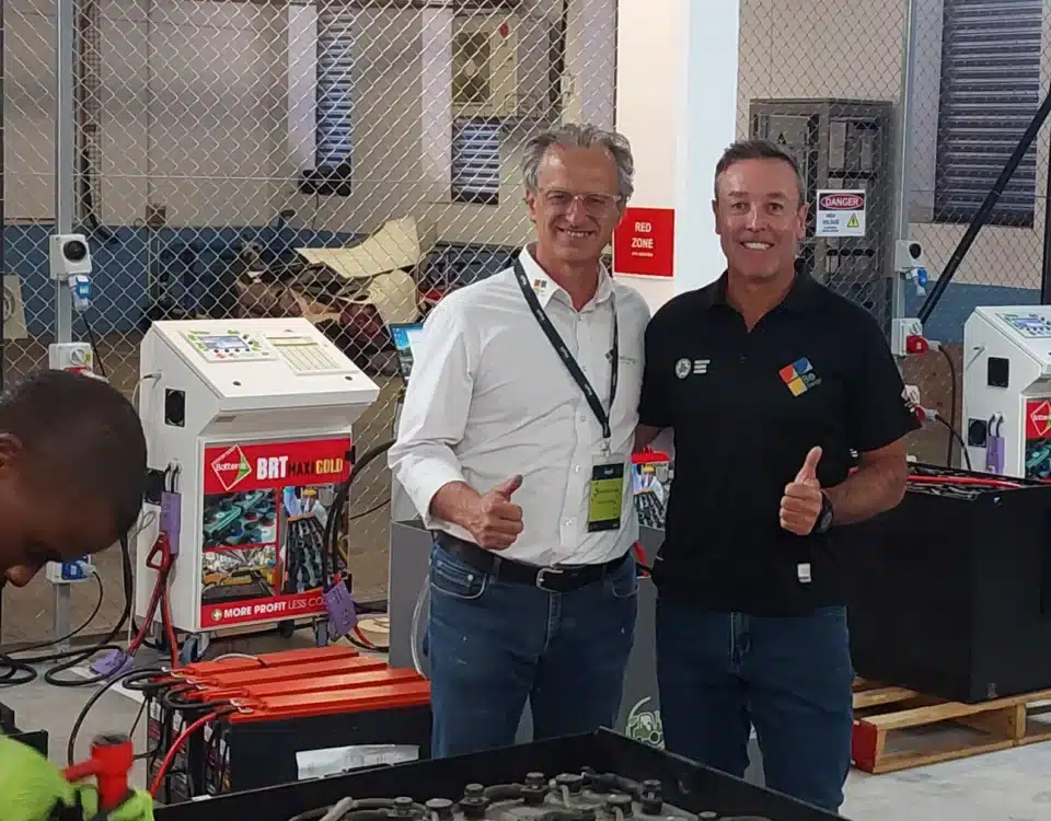 Be Energy center opening in Johannesburg with CEO and operations manager – technician working on traction battery