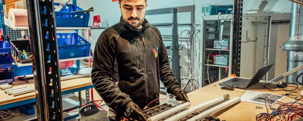 Technicien Be Energy mesurant les tensions des cellules NiMH extraites d'une batterie de mobilier urbain