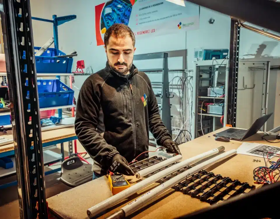 Technicien Be Energy mesurant les tensions des cellules NiMH extraites d'une batterie de mobilier urbain