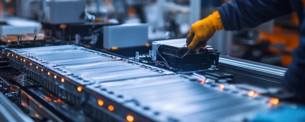 Technicien en gants manipulant des modules de batterie lithium-ion sur une ligne industrielle de remanufacturing pour véhicule électrique