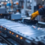 Glove technician handling lithium-ion battery modules on an industrial remanufacturing line for electric vehicles