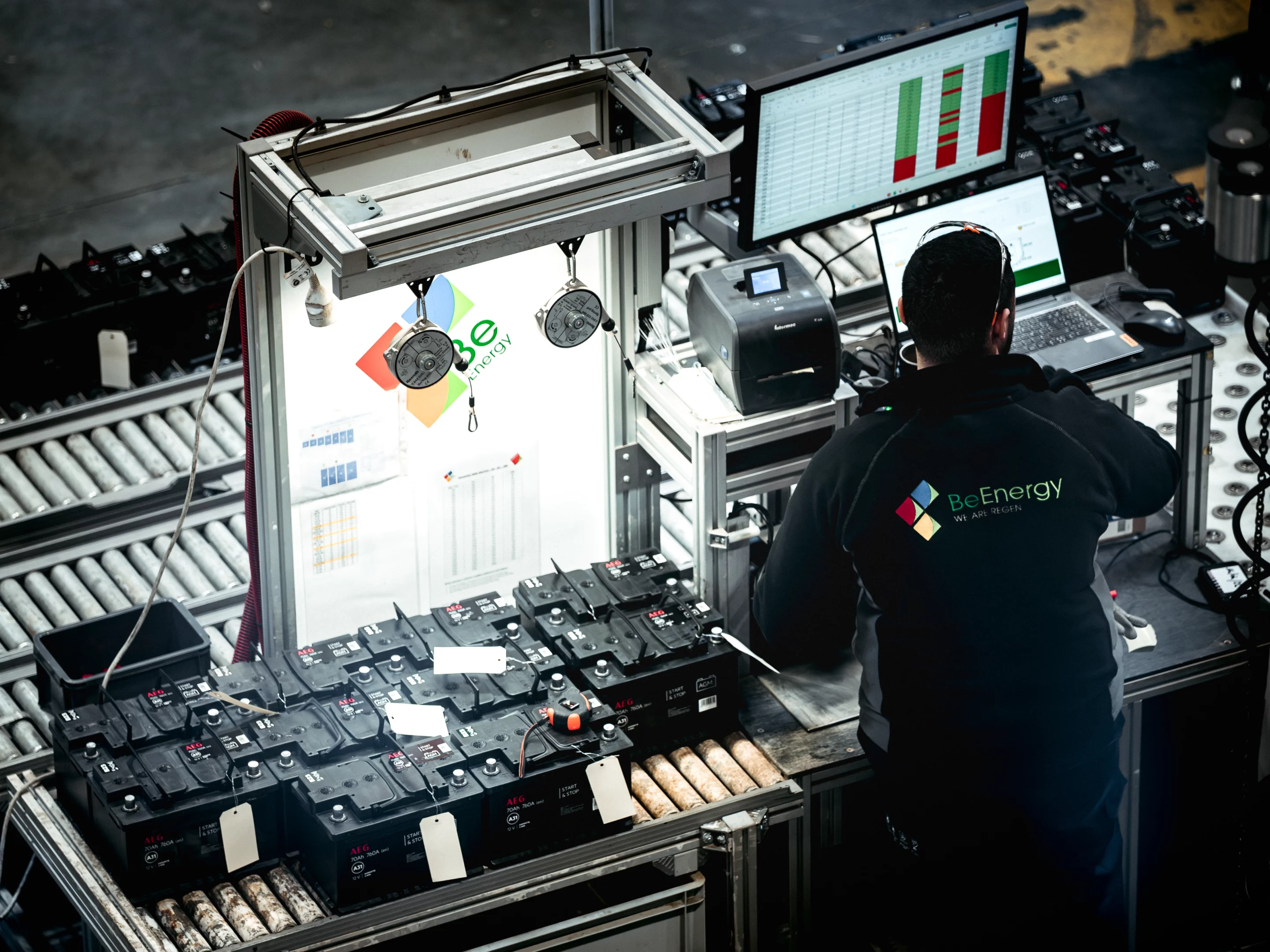 A set of starter batteries being tested on BeEnergy’s Quick Tester Kiosk.