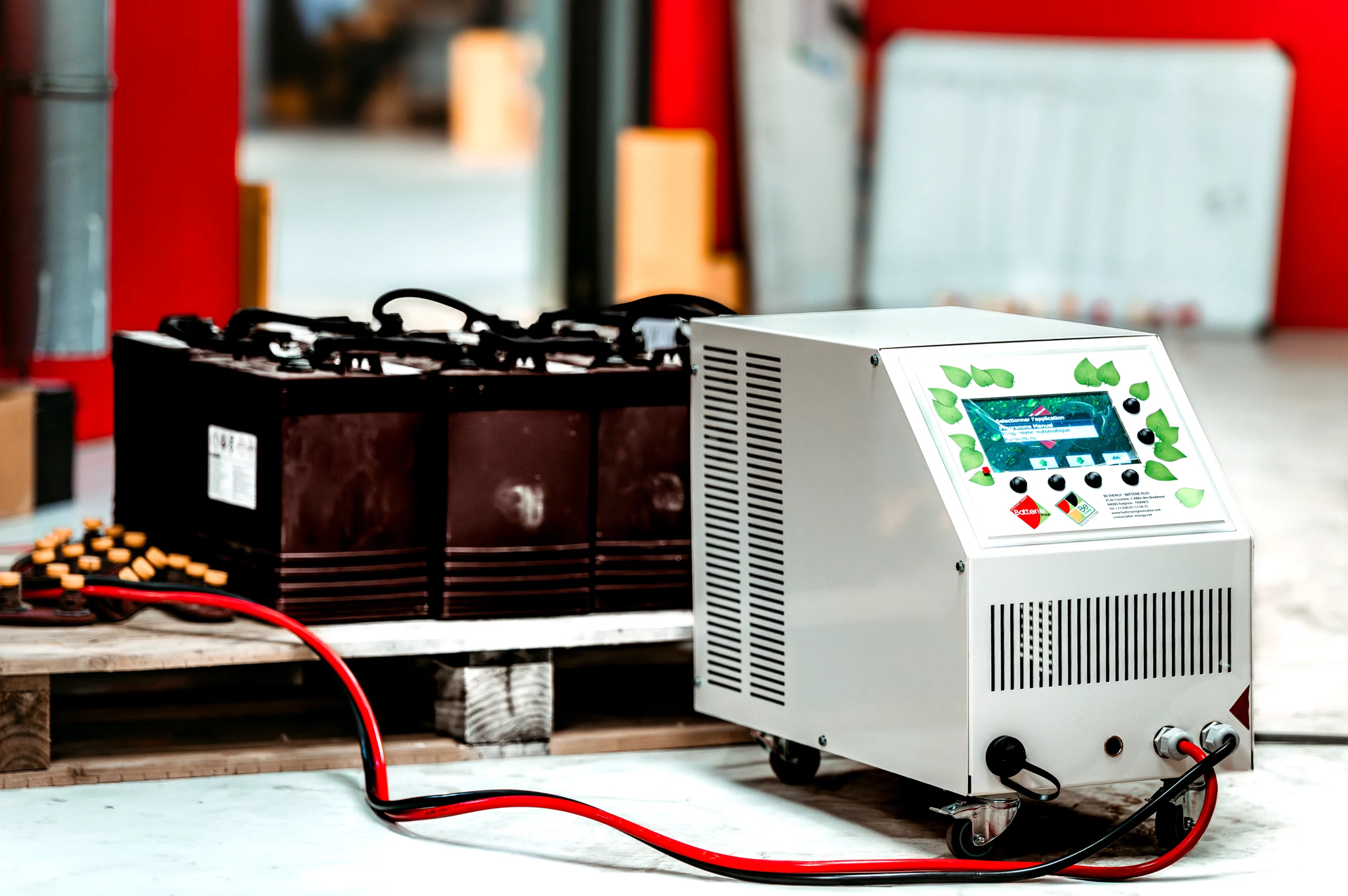 Régénérateur BRT10 Be Energy en atelier, connecté à un pack de traction 6V en série – traitement polyvalent de 6V à 48V