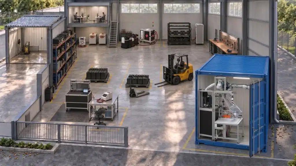 Be Energy 360 battery regeneration center with workshop and professional equipment